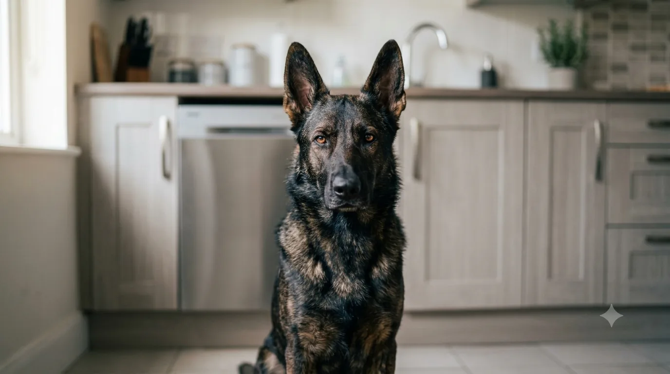 Unser Hund Dexter, ein dunkler Schäferhund, sitzt aufmerksam in einer hellen Küche.