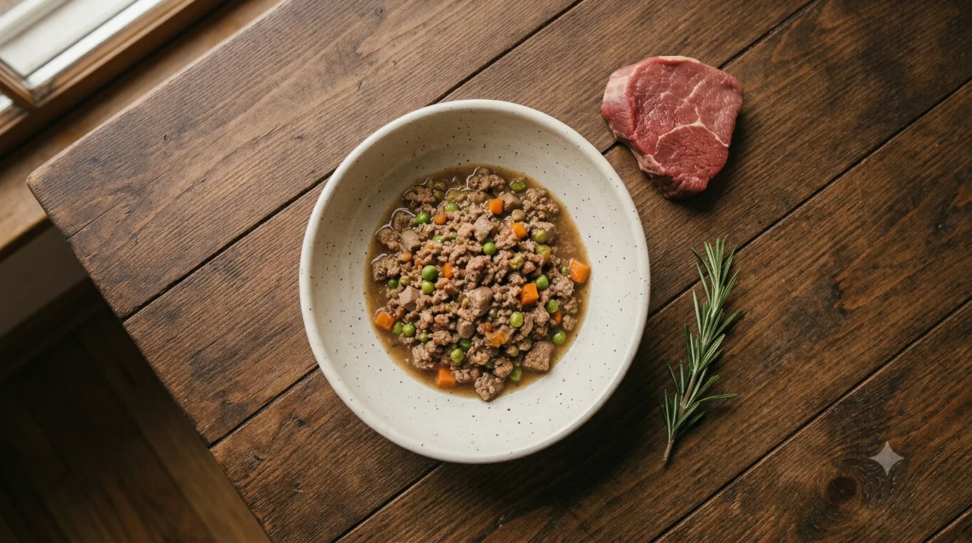 Napf mit Monoprotein-Nassfutter vom Rind, daneben ein Stück rohes Rindfleisch und Rosmarin auf einem Holztisch