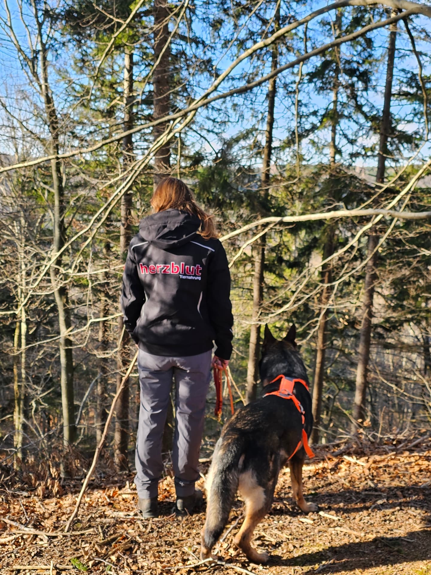Franzi in herzblut-Jacke mit Dexter auf einem Waldweg